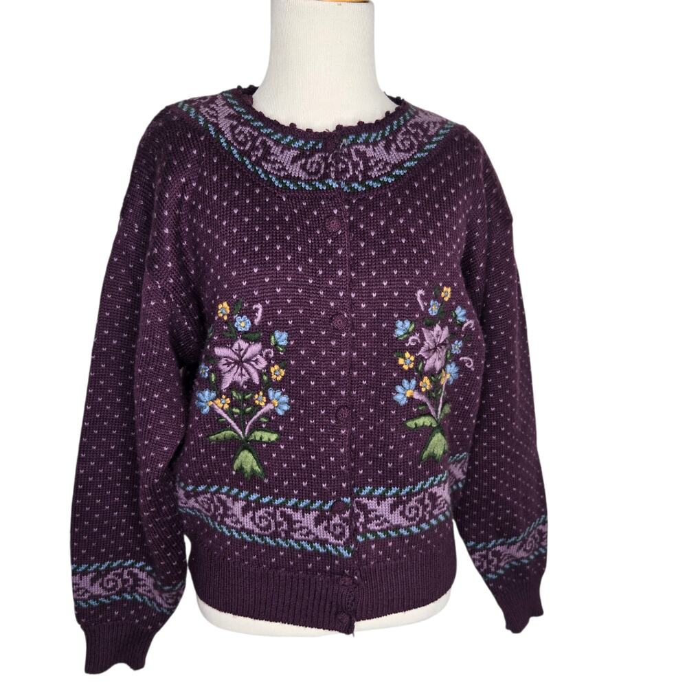 Vintage Herman Geist Hand Embroidered Cardigan Granny Cottage Women Large